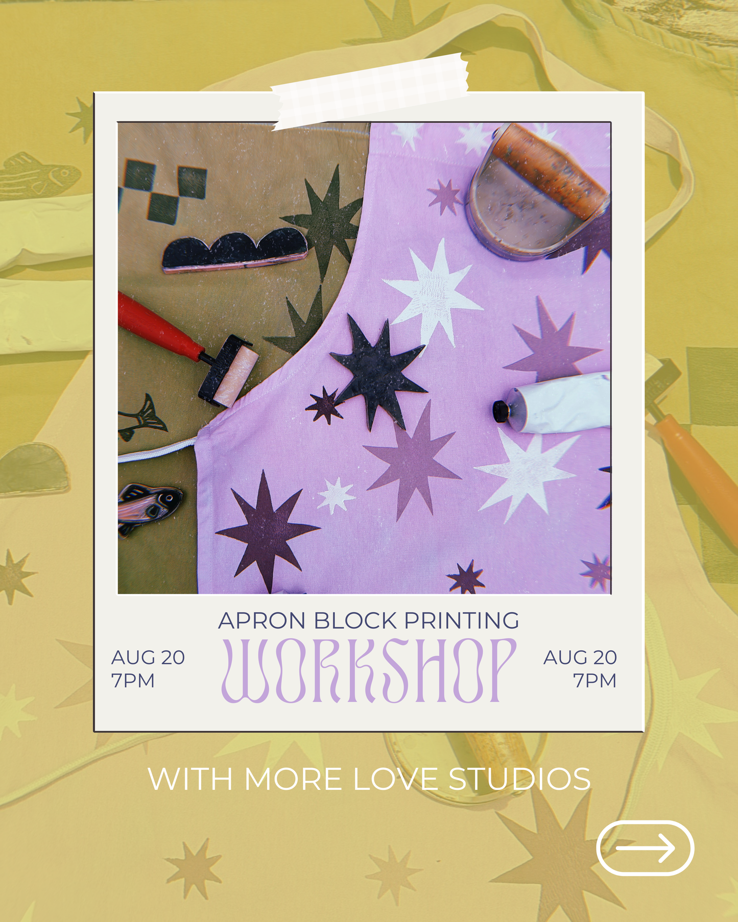 More Love Apron Block Printing with Trust Your Gut Cookies 8/20 7pm
